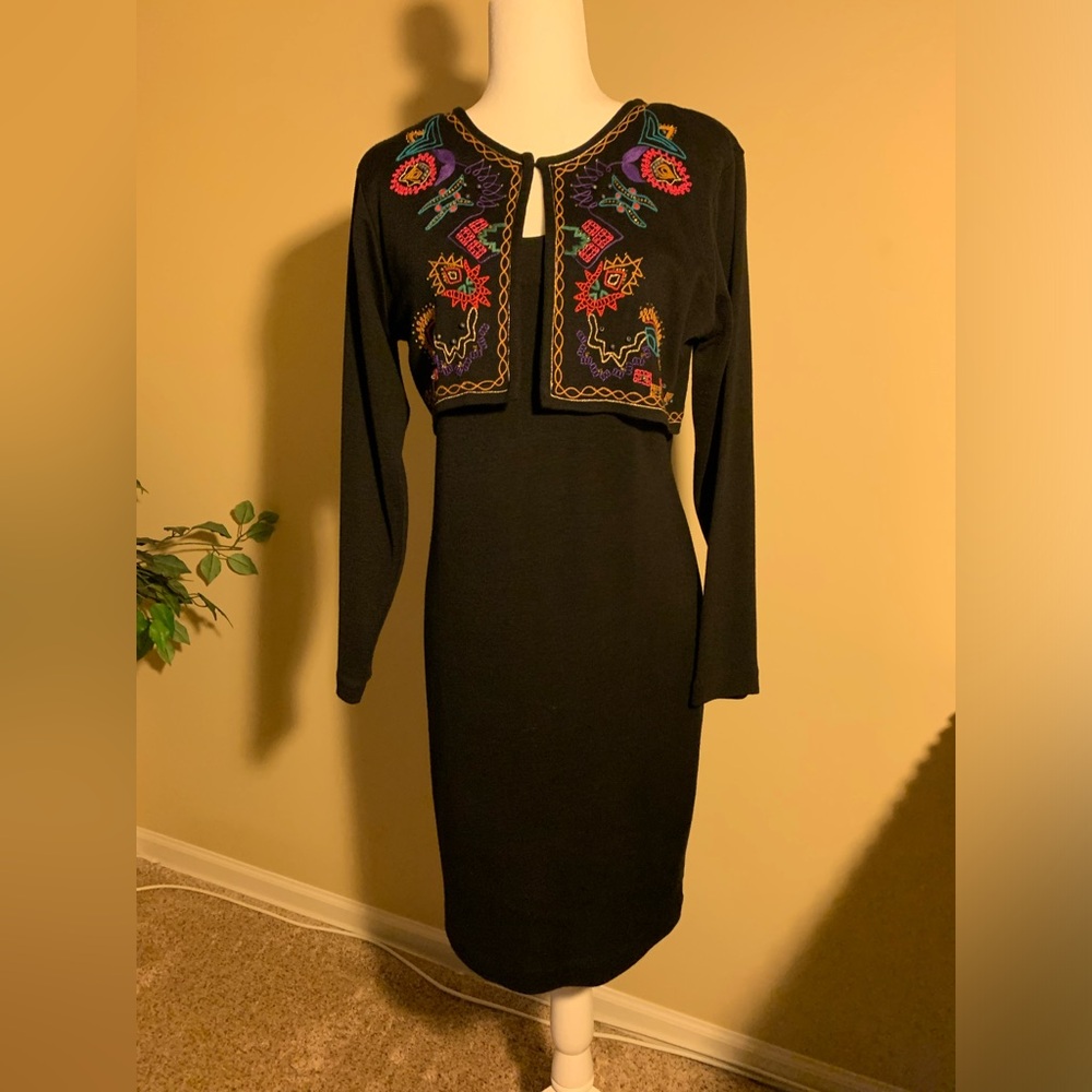 EUC Dress: Carole Little Sweater Dress, Exquisitely Embroidered, Layered-Look